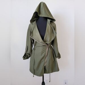 Olive Hooded Drawstring Trench Coat - Women